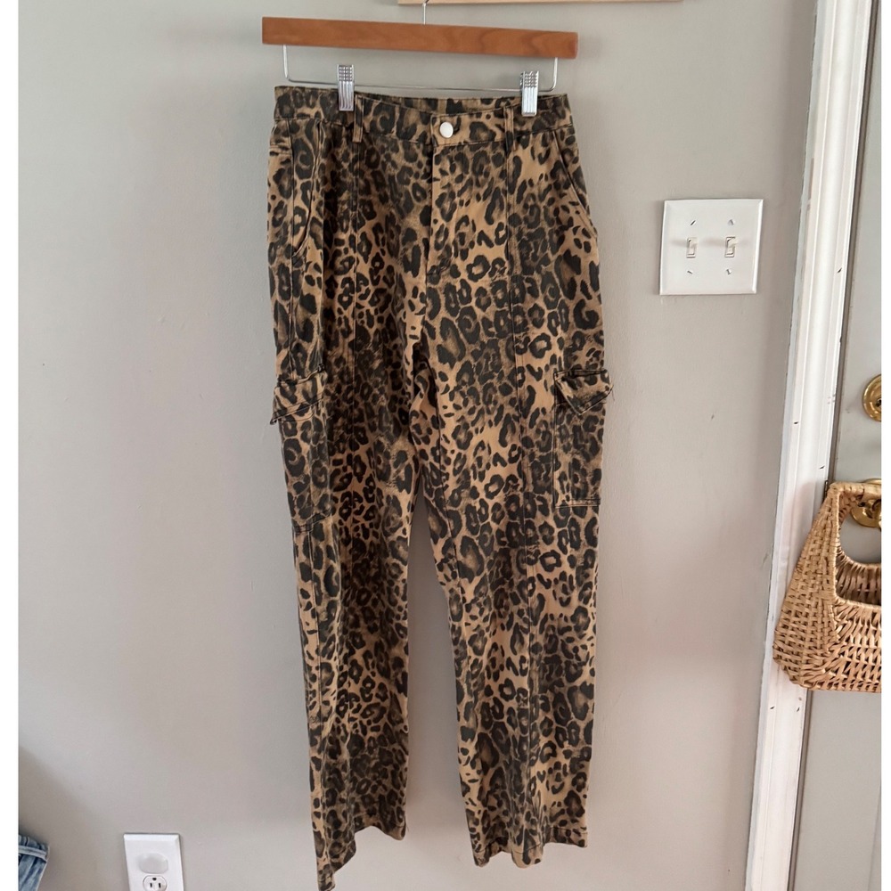 Washed Leopard Denim Cargo Jeans